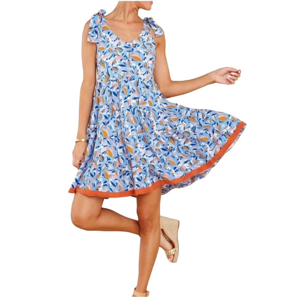 THML Blue Floral Tie Strap‎ Tiered Mini Dress Size Small